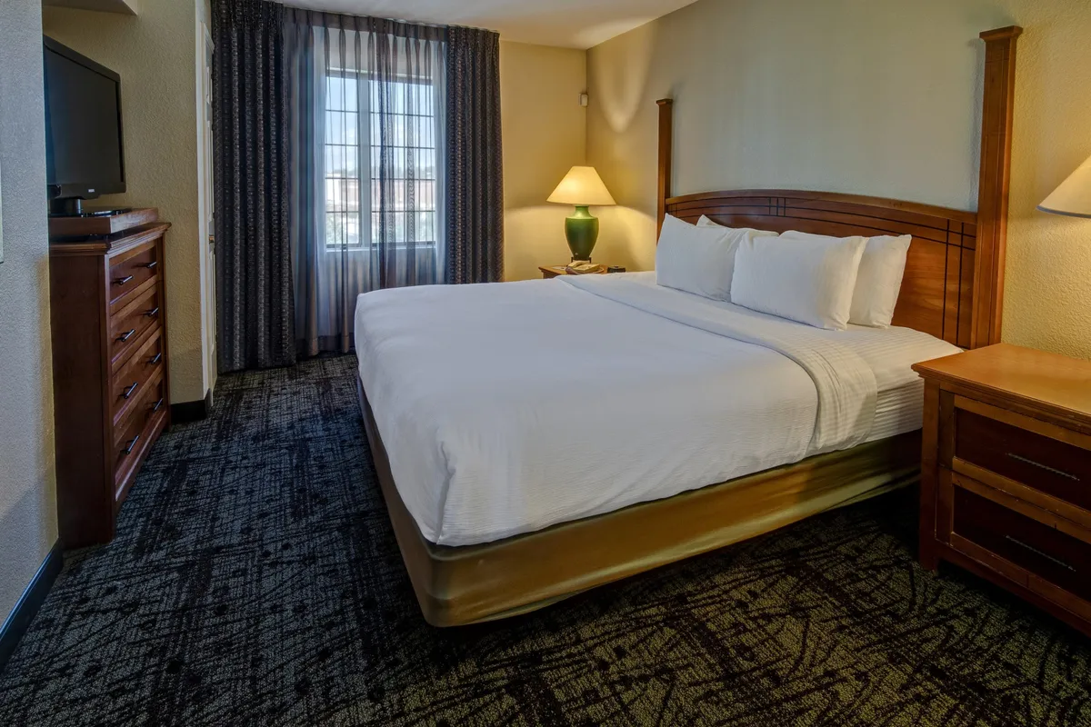 This image features a king-sized bed set against a relaxing backdrop, with a nightstand, lamp, and a window dressed with curtains allowing natural light to warm the space. A television is positioned for comfortable viewing from the bed. The overall mood is cozy and inviting, suggesting a restful environment suitable for both leisure and business travelers.
