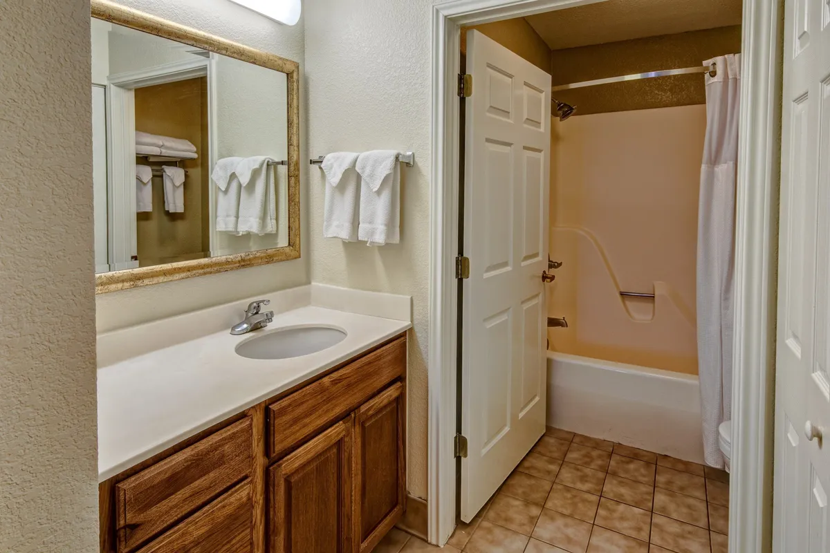 The image showcases a modern bathroom complete with a sleek vanity, a large mirror, and a bathtub with a shower curtain. The space exudes comfort and cleanliness, ideal for a refreshing shower or preparing for the day. The lighting and layout emphasize practicality and relaxation.